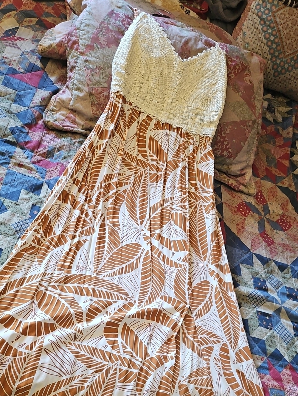 Women's Cream Crochet Top Maxi Dress with Tan Leaf Print